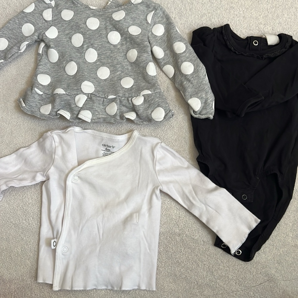 Carter's Gray Polka Dot Ruffle Top, Black Bodysuit, White Cardigan Set